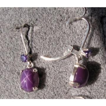 VINTAGE SIGNED PLUM PURPLE LINDE LINDY 9x7M STAR SAPPHIRE CREATED LB EARRINGS SS