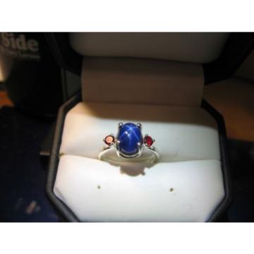 DARK BLUE LINDE STAR  RING WITH RUBY ACCENTS/SOLID STERLING SILVER #6.5