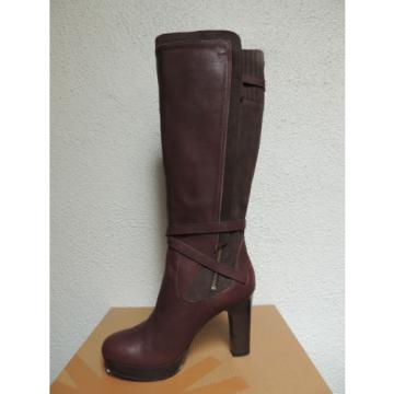 UGG TALL LINDE BROWN LEATHER HARNESS HIGH HEEL BOOTS, US 8.5/ EUR 39.5  ~ NEW