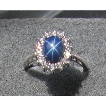 VINTAGE SIGNED LINDE LINDY CF BLUE STAR SAPPHIRE CREATED HALO RING RD PL .925 SS