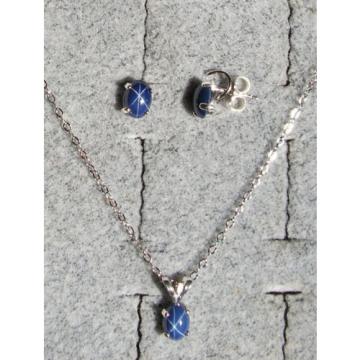 VINTAGE LINDE LINDY CF BLUE STAR SAPPHIRE CREATED SET EAR PENDANT CHAIN .925 SS