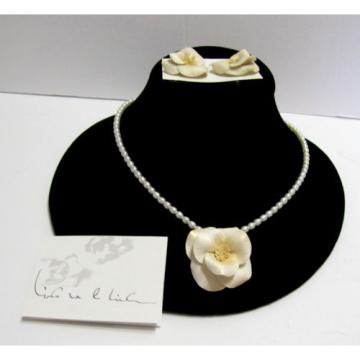 Vintage Linda Van Der Linde Clay Flower &amp; Pearl Necklace &amp; Clip-On Earrings Set