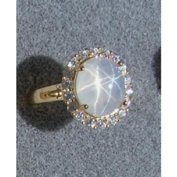 PMP LINDE LINDY TRANSLUCENT WHITE STAR SAPPHIRE CREATED HALO RING YGPLT .925 SS