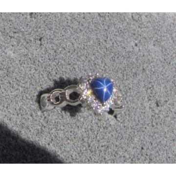 6MM HEART LINDE LINDY CF BLUE STAR SAPPHIRE CREATED 2ND RD PLT HALO .925 SS RING