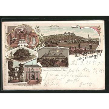 Lithographie Augustusburg, Schloss-Linde, Schloßhof, Speisesaal mit Kamin 1898