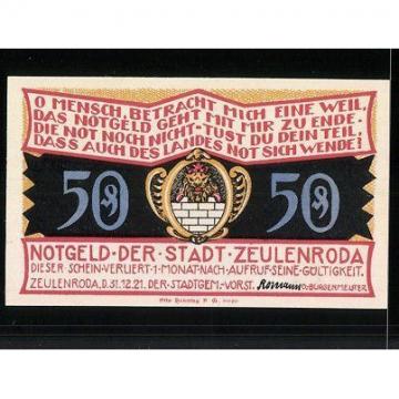 Notgeld Zeulenroda 1921, 50 Pfennig, Stadtwappen, Linde in Wolschendorf