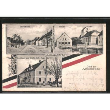 AK Albersroda, Gasthaus zur Linde, Schule, Kirche, Dofstrasse, Reichsfahne 1915