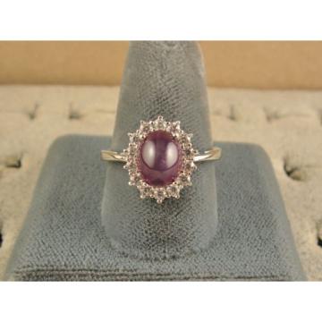 VINTAGE SIGNED LINDE LINDY CLARET RED STAR SAPPHIRE CREATED HALO RING RD PL S/S