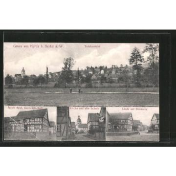 AK Herda, Gasthaus J. Apel, Kirche und alte Schule, Linde mit Steinweg 1912
