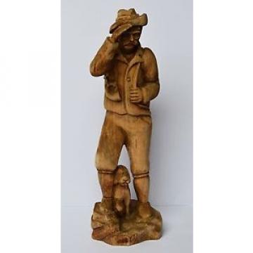 Holz Skulptur Holzfigur handgeschnitzt Linde Jäger mit Jagdhund Hund Höhe 56 cm