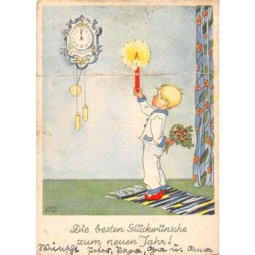 Best New Year Greetings, besten neuen Jahr! Candle Clock, Linde Berg Signed 1948