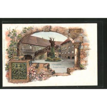 alte Passepartout-Lithographie Nürnberg, Burghof mit Linde, Stadtwappen