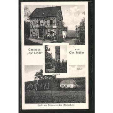 AK Schwarzerden, Gasthaus Zur Linde von Chr. Müller, Schule, Alteburg 1939