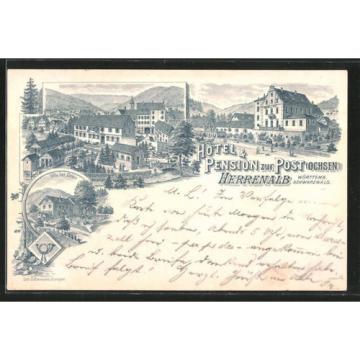 Lithographie Herrenalb, Hotel &amp; Pension zur Post Ochsen, Villa zur Linde 1897