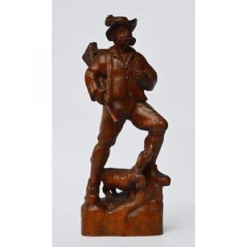 Holz Skulptur Holzfigur handgeschnitzt Linde Jäger mit Jagdhund Hund Höhe 33 cm