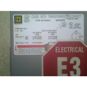 Square D 9070-SK1000G1 Transformer / Disconnect Pri.230/480 Sec 115V 8.70 A