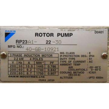 DAIKIN ROTOR PUMP RP23A1-22-30, HYDRAULIC PUMP, 3 PH, 2.2 KW, 10-GB-10921,