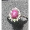 VINTAGE SIGNED LINDE LINDY PINK STAR RUBY CREATED SAPPHIRE HALO RING RD PL .925