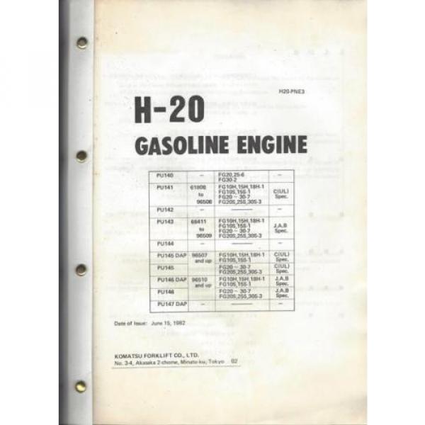 Komatsu H-20 Gasoline Engine Parts Book, H20-PNE3, 15 June 1982 #2 image