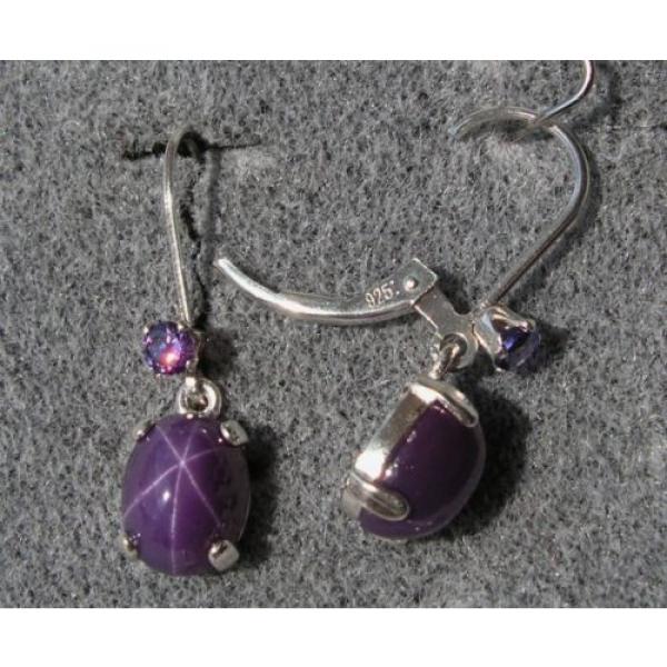 VINTAGE SIGNED PLUM PURPLE LINDE LINDY 9x7M STAR SAPPHIRE CREATED LB EARRINGS SS #2 image