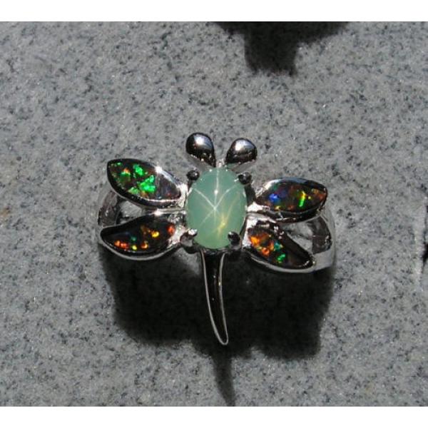 VINTAGE LINDE LINDY MINT GREEN STAR SAPPHIRE CREATED DRAGON FLY RING RP .925 SS #1 image