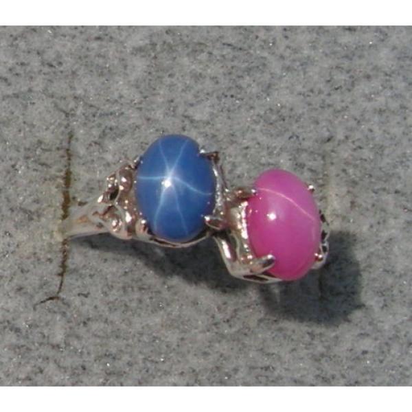 2 7X5 MM LINDE LINDY BLUE / PINK STAR SAPPHIRE CREATED RUBY SECOND RING .925 SS #1 image