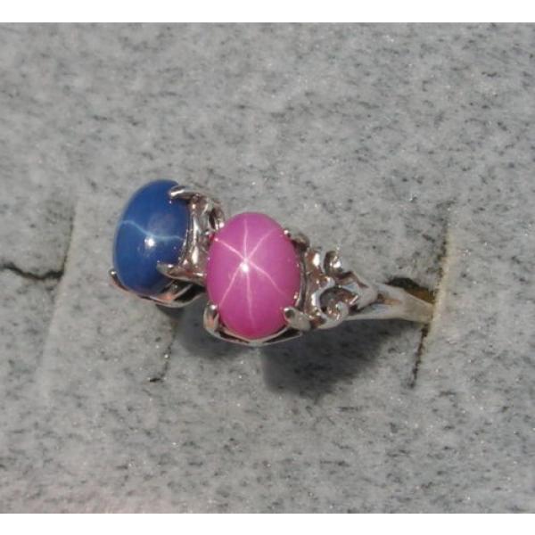 2 7X5 MM LINDE LINDY BLUE / PINK STAR SAPPHIRE CREATED RUBY SECOND RING .925 SS #2 image