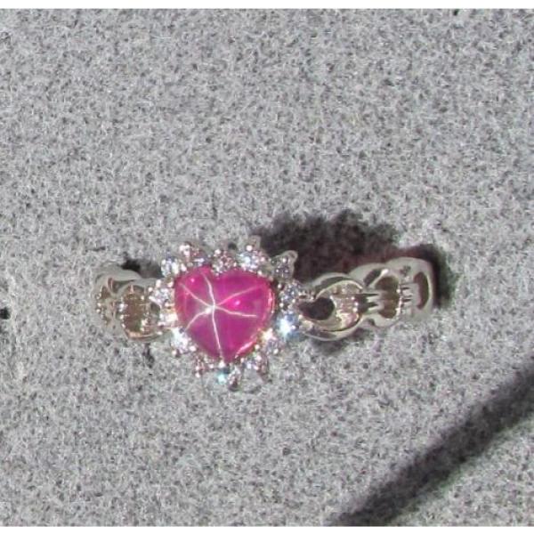 6MM HEART LINDE LINDY RED STAR RUBY CREATED SAPPHIRE 2ND RD PL HALO .925 SS RING #2 image