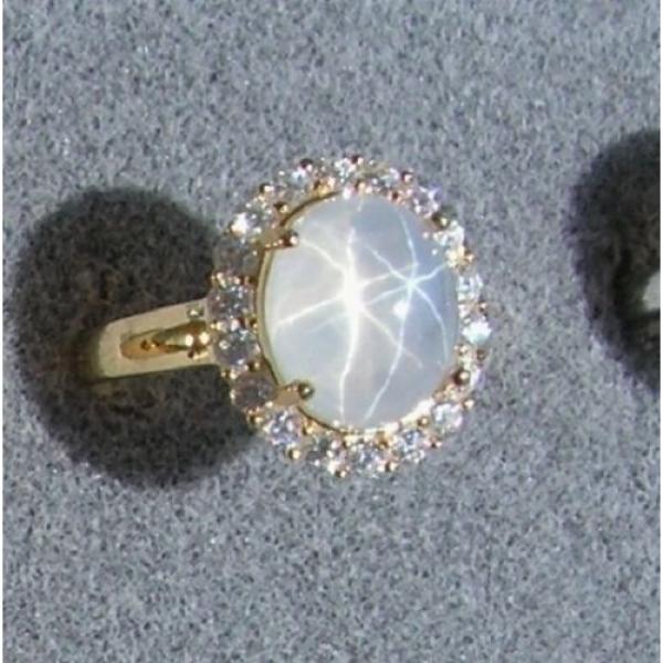 PMP LINDE LINDY TRANSLUCENT WHITE STAR SAPPHIRE CREATED HALO RING YGPLT .925 SS #1 image