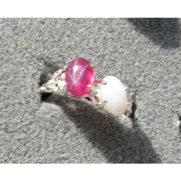 2 7X5 MM LINDE LINDY WHITE / RED STAR SAPPHIRE CREATED RUBY SECOND RING .925 SS #1 image