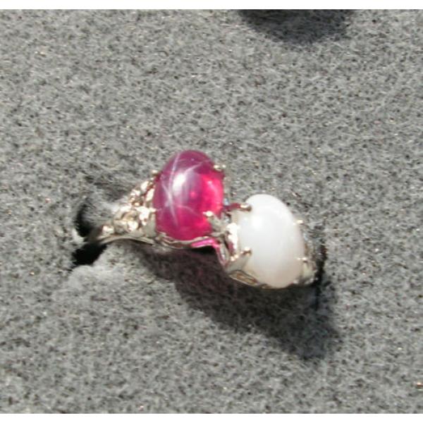2 7X5 MM LINDE LINDY WHITE / RED STAR SAPPHIRE CREATED RUBY SECOND RING .925 SS #2 image