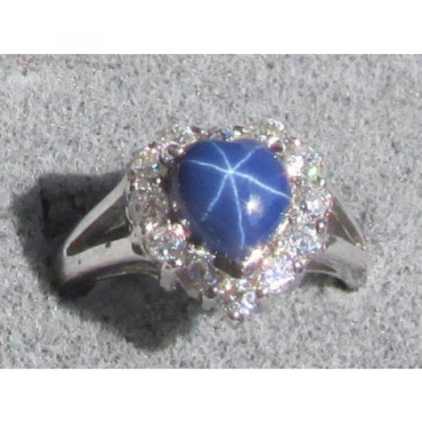 8MM HEART LINDE LINDY CF BLUE STAR SAPPHIRE CREATED 2ND RD PLT HALO .925 SS RING #1 image