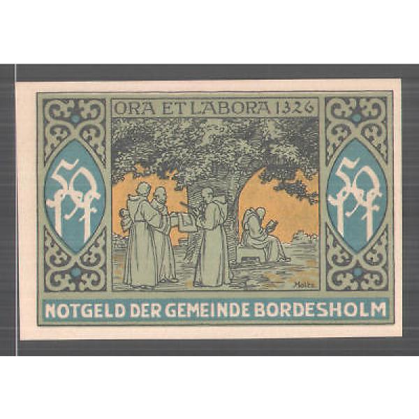 Notgeld Bordesholm 1921, 50 Pfennig, Stadtwappen, Mönche sitzen vor Linde #1 image