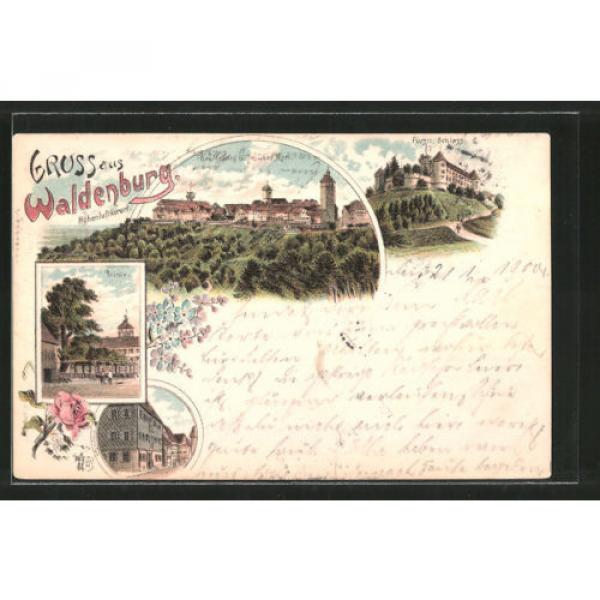 Lithographie Waldenburg, Partie an der Linde, Fürstl. Schloß, Pfarrhaus 1900 #1 image