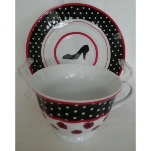 Linde Lane Dress Up High Heel Shoe China Tea Cup Saucer Teacup Black Red Polka #1 image