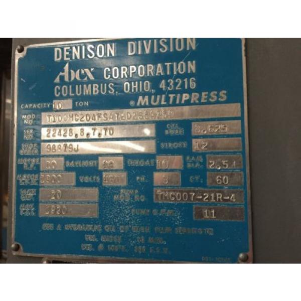1973 Denison 10-Ton Hydraulic Press, model T100M, WARRANTY #10 image