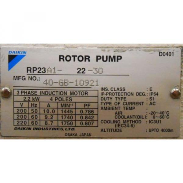 DAIKIN ROTOR PUMP RP23A1-22-30, HYDRAULIC PUMP, 3 PH, 2.2 KW, 10-GB-10921, #2 image